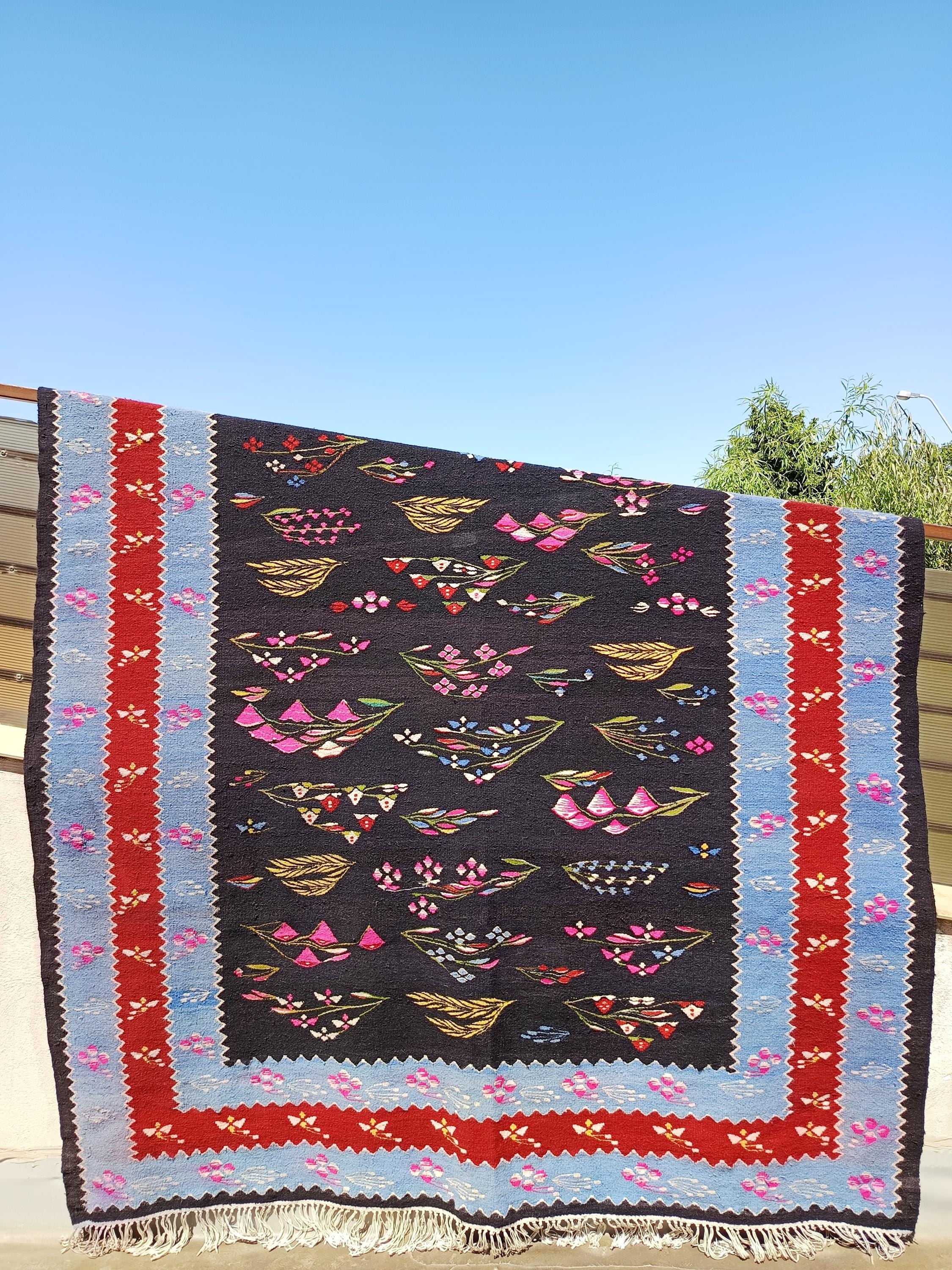 ビンテージ ルーマニア ラグ、手作りウール カーペット、キリム