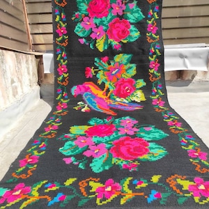 Discount!Vintage Romanian rug, handmade wool carpet, kilim Bessarabian art, hand-woven in the 70s, tapis moldave,cozy boho style,350x136cm.
