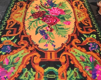 tapis roumain vintage, tapis en laine fait main, kelim art bessarabien, tissé à la main dans les années 60, tapis moldave, style floral bohème, 340x195cm.