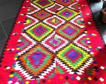 Antique Romanian rug, handmade wool carpet, kilim Oltenian art, hand-woven in the 20s, boho rustic style, tapis roumain, 305x170cm.