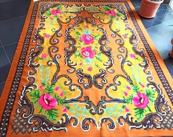 tapis roumain vintage, tapis en laine fait main, kilim art bessarabien, tissé à la main dans les années 80, tapis moldave, style floral boho, 290x190cm.