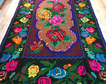 Discount!Vintage Romanian rug, handmade wool carpet, kilim Oltenian art, hand-woven in the 70s, boho rustic style, tapis roumain,262x150cm.