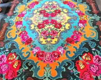 tapis roumain vintage, tapis en laine fait à la main, kelim art Bessarabie, tissé à la main dans les années 70, tapis moldave, style floral bohème, 305x210cm.