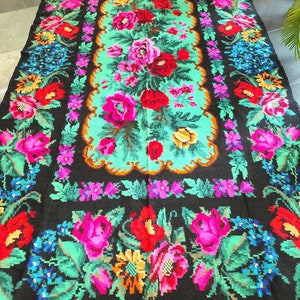 Vintage Romanian rug, handmade wool carpet, kelim Bessarabian art, hand-woven in the 70s, tapis moldave, cozy boho floral style, 370x200cm.