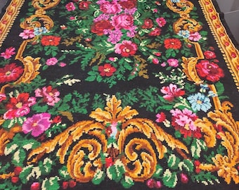 tapis roumain vintage, tapis en laine fait à la main, kelim art Bessarabie, tissé à la main dans les années 50, tapis moldave, style floral bohème, 415x230cm.
