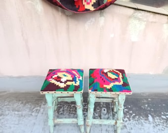 Vintage Romanian wooden chair, kitchen-dining stool, upholstered with wool material from an old carpet, garden stool, H-48cm.