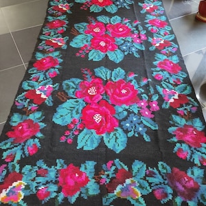 Discount!Vintage Romanian rug, handmade wool carpet,kelim Bessarabian art, hand-woven in the 60s, tapis moldave,boho floral style,385x150cm.