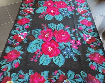 Tapis roumain vintage, tapis en laine fait main, kelim art Bessarabie, tissé à la main dans les années 60, tapis moldave, style floral bohème, 385x150cm.