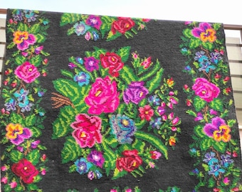 Remise ! tapis roumain vintage, tapis en laine fait main, art kilim de la Bessarabie, tissé à la main dans les années 70, tapis moldave, style floral bohème, 300 x 175 cm.