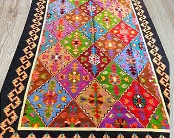 ビンテージ ルーマニア ラグ、手作りウール カーペット、キリム