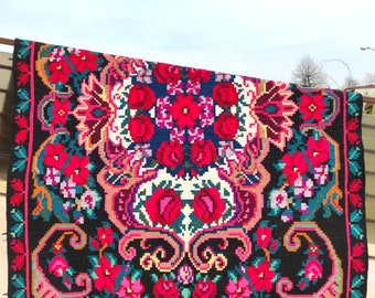 tapis roumain vintage, tapis en laine fait main, art kelim de la Bessarabie, tissé à la main dans les années 70, tapis moldave, style floral bohème, 320 x 185 cm.