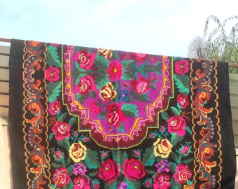 tapis roumain vintage, tapis en laine fait main, art kelim de la Bessarabie, tissé à la main dans les années 70, tapis moldave, style floral bohème, 320 x 205 cm.