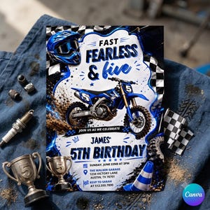 May include: A rectangular birthday invitation card featuring a blue motocross bike, a helmet, and checkered flags. The text reads FAST FEARLESS & FIVE, JAMES 5TH BIRTHDAY, SUNDAY, JUNE 22ND AT 5PM, THE WALKER GARAGE, 1234 VICTORY LANE, AUSTIN, TX 78701.