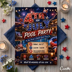 May include: A 4th of July pool party invitation flyer featuring red, white, and blue text, fireworks, a swimming pool, and an American flag. The text includes event details for Friday, July 5th, 3:00 PM to 7:00 PM at 788 Oceanview Drive, Clearwater, FL 33767, with RSVP to Michael at 555-0291.