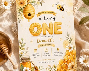 Bee First Birthday Invitation Template, Editable Canva Our Little Honey Birthday Invite, Bumble Bee Party Invitation Printable H642