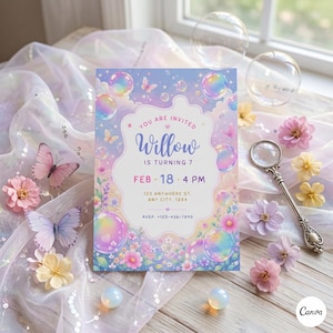 Editable Canva Invitation Template: Whimsical Bubbles & Butterflies (Digital Download)