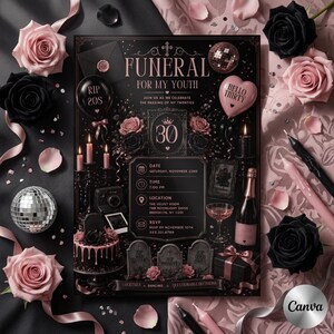May include: A black and rose gold funeral for my youth birthday invitation card featuring text, a disco ball, balloons, roses, candles, a cake, and tombstones. The card details include the date, time, location, and RSVP information.