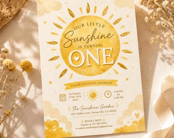 Our Little Sunshine First Birthday Invitation Template, Editable Canva Sun Birthday Invite, Printable One Birthday Party Card H645