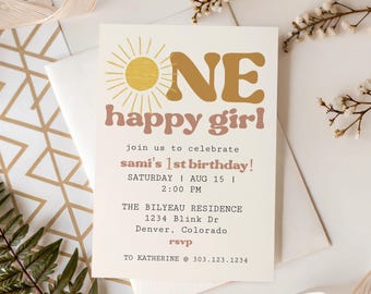 One Happy Girl Birthday Invitation Template, First Trip Around the Sun Birthday Invite, Boho Sun 1st Birthday Invite Printable