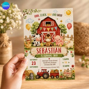 May include: A rectangular party invitation card featuring a red barn, farm animals, and a tractor. The text reads OINK, CLUCK, BAA AND MOO!, SEBASTIAN IS TURNING TWO!, and includes event details for September 23rd at 1:30PM to 5:30PM.