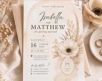 Wedding Save the Date Template, Editable Canva Save the Date Card, Neutral Floral Wedding Invitation, Printable Wedding Card H631