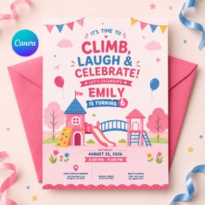 May include: A pink birthday invitation card featuring a playground illustration with a slide, climbing wall, and bridge. Text reads: IT'S TIME TO CLIMB, LAUGH & CELEBRATE! EMILY IS TURNING 6, AUGUST 23, 2026, 2:00 PM - 5:00 PM, HAPPY KIDS PLAYGROUND.
