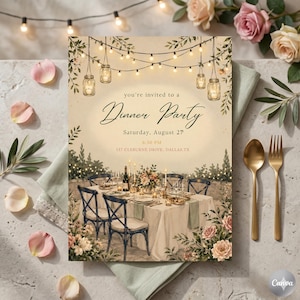 Editable Dinner Party Invitation Template – Garden String Lights, Floral Design (Digital Download)