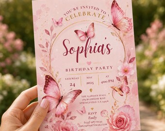 Pink Butterfly Birthday Invitation Template, Editable Canva Girl Birthday Invite, Floral Butterfly Party Printable Invitation H657