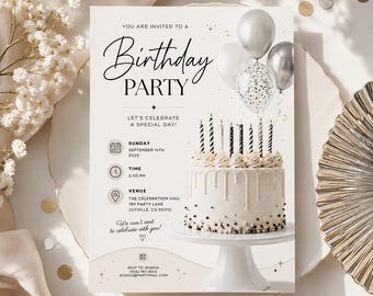 Black and White Birthday Invitation Template, Editable Canva Birthday Party Invite, Modern Birthday Invite, Printable Party Invitation H647