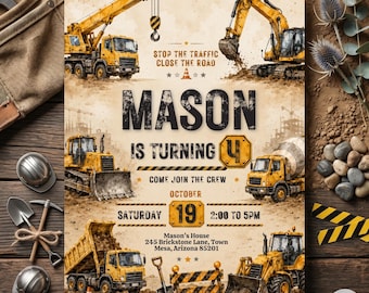 Könnte beinhalten: Eine Geburtstagseinladung mit Bauarbeiter-Thema, die gelbe Baumaschinen und den Text "MASON WIRD 4" zeigt. Die Einladung enthält Datum, Uhrzeit und Ort der Party sowie die RSVP-Informationen unten.