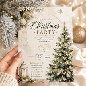 Könnte beinhalten: Eine Weihnachtsparty-Einladungskarte mit einer Aquarellillustration eines geschmückten Tannenbaums, einer Laterne und Tannenzweigen. Der Text lautet: Join us for a Christmas party, December 20, 2025, at 6:00 PM, The Evergreen Lodge, 456 Pinecrest Drive.