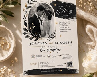 Photo Wedding Invitation Template, Editable Canva Wedding Invite, Modern Black Gold Wedding Invitation, Printable Photo Invite H637