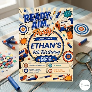 May include: A rectangular birthday party invitation card featuring a comic book style design with blue and orange toy foam dart blasters, targets, and stars. The text reads: READY, AIM, Party! JOIN US FOR ETHAN'S 9th Birthday PREPARE FOR BATTLE!
