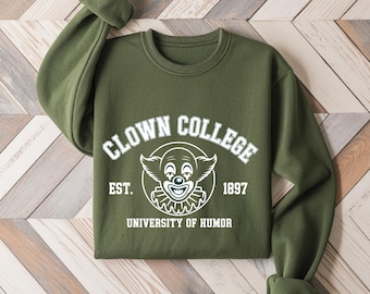 Moletom da Faculdade de Palhaços, Camiseta de Gola Redonda da Universidade de Palhaços, Camisetas da Faculdade de Palhaços, Camiseta Retro Weirdcore, Moletom com Capuz de Circo Assustador, Camiseta com Estampa Divertida