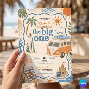 First birthday invitation: retro surfboard design - Beach party (Digital download) H165