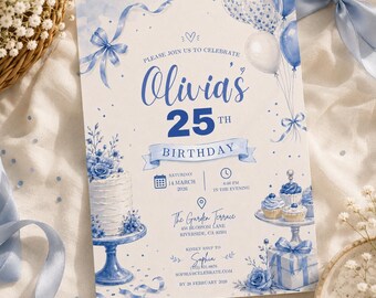 Blue 25th Birthday Invitation Template, Editable Canva Birthday Party Invite, Elegant Adult Birthday Invitation, Printable H648