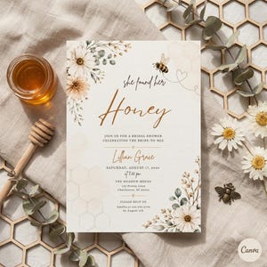 Bee Bridal Shower Invitation | Editable She Found Her Honey Theme Bachelorette (Digital download) H199