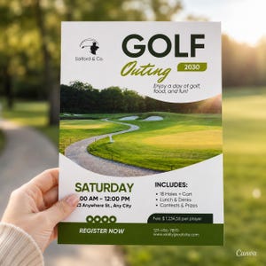 Może przedstawiać: Biała ulotka na wydarzenie Golf Outing 2030 z zielonym krajobrazem pola golfowego, logo Salford & Co. oraz tekstem szczegółowo opisującym harmonogram, lokalizację i zawartość, taką jak 18 dołków, wózek, lunch, napoje, konkursy i nagrody.