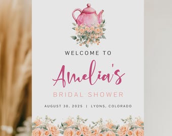 Bridal Tea Welcome Sign Template, Bridal Shower Welcome Sign Printable, Spring Floral Tea Party Bridal Shower Welcome Poster Blush DIY