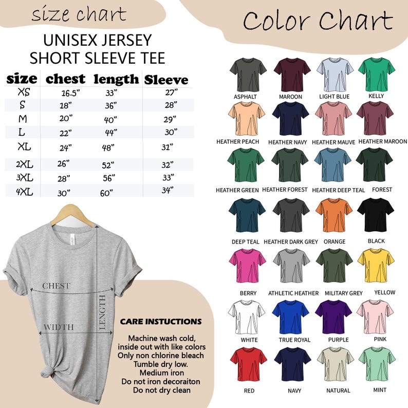 May include: A gray unisex short sleeve tee shirt is displayed on a hanger. The image includes a size chart with measurements in inches, a color chart with various shirt colors, and care instructions.