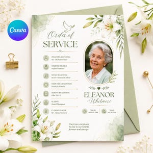 Könnte beinhalten: Eine Trauerprogramm-Vorlage mit dem Titel Order of Service auf weißem Hintergrund mit grünen Aquarellakzenten, weißen Lilienillustrationen und einem Porträt einer älteren Person namens Eleanor Whitmore, inklusive Geburts- und Sterbedatum.