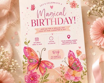 Butterfly Birthday Invitation Template, Editable Canva Girl Birthday Invite, Floral Butterfly Party Invitation, Printable Card H640
