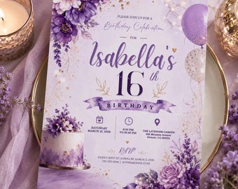 Purple Sweet 16 Invitation Template, Lavender Floral Birthday Invite, Editable Canva Sweet Sixteen Invitation Printable H656t