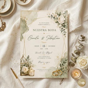 May include: Wedding invitation with gold geometric accents, floral arrangements, and the names "Camila & Sebastian." The invitation includes the date, time, and location: Hacienda San Miguel, San Marcos, TX. Additional details include RSVP information.