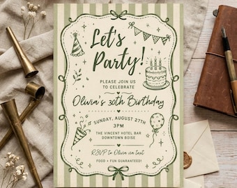 Sage Green Birthday Invitation, Minimal Birthday Party Invite, Adult Birthday Invite, Editable Canva Template, Printable D300