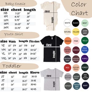 May include: A color chart and size guide for baby onesies, youth shirts, and toddler shirts. The chart includes measurements in inches for chest, length, width, and sleeve. Color options include white, black, and various shades.