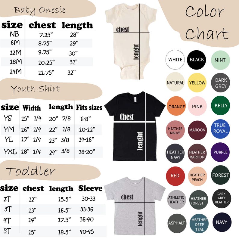 May include: A color chart and size guide for baby onesies, youth shirts, and toddler shirts. The chart includes measurements in inches for chest, length, width, and sleeve. Color options include white, black, and various shades.