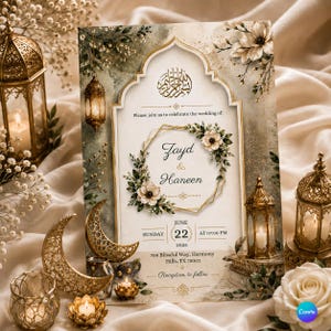 May include: A wedding invitation card featuring an arched frame, floral accents, and gold geometric details. The text reads: Please join us to celebrate the wedding of Zayd & Haneen, Sunday June 22 2025 at 07:00 PM, 789 Blissful Way, Harmony Hills, TX 75001.
