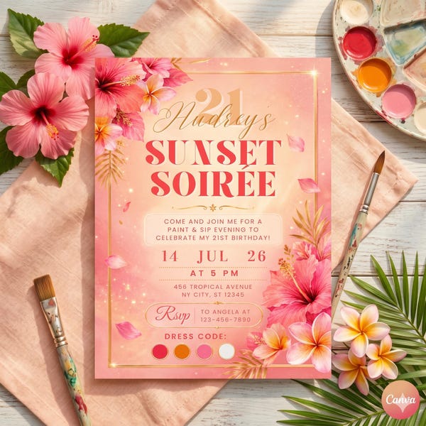 Sunset Soirée Invitation, Pink Orange Floral Summer Party Invite (Digital Download)
