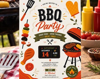 BBQ Party Invitation Template, Editable Canva Cookout Invitation, Summer Backyard BBQ Invite, Printable Grill Party Invite H624